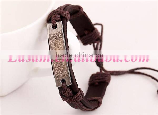Cheap leather cuff bracelet with engraved metal plate,teen leather bracelet