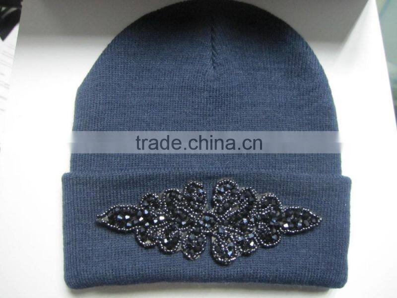 Wholesale cheap custom acrylic knitted cap and hat with diamonds