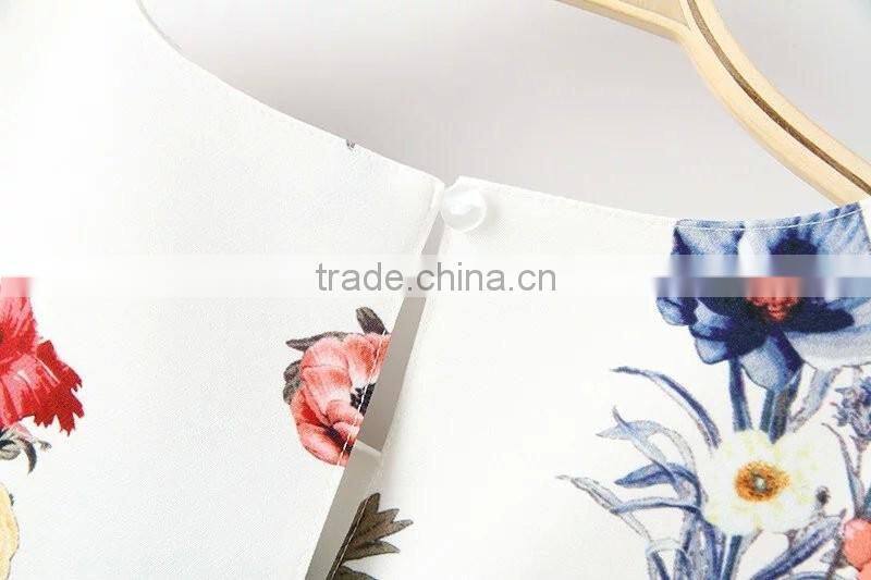 women clothing with flower round collar short sleeve shirt for women of digital printing fabric