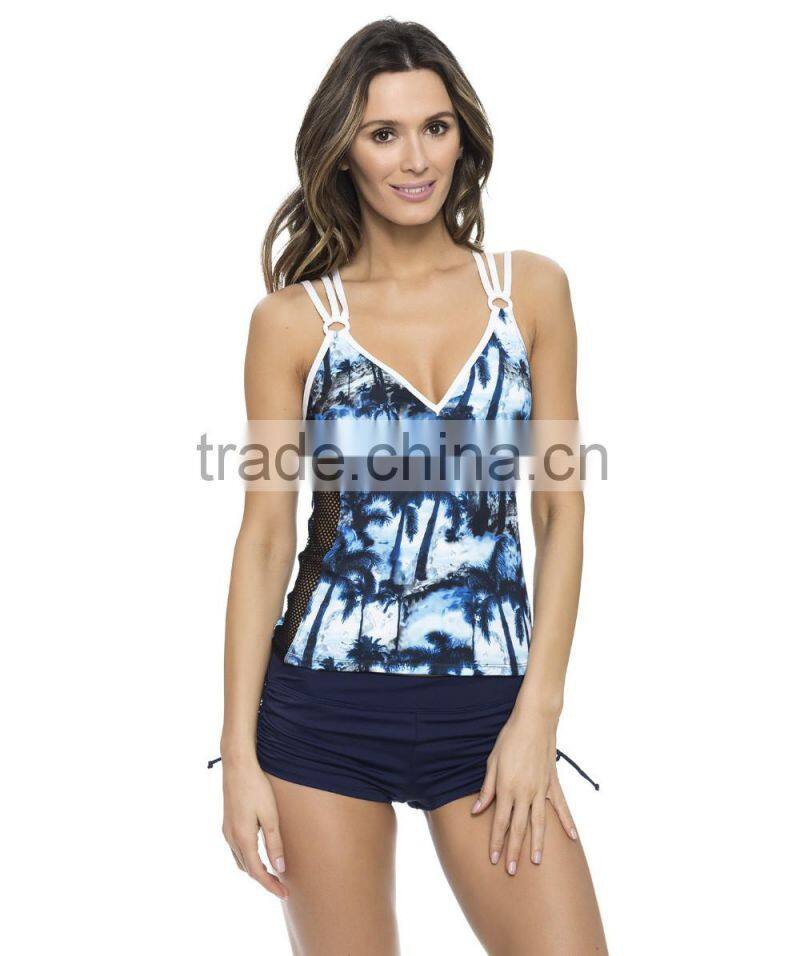 Spaghetti Strap Coconut Tree Digital Printing Sexy Women Bathing Suits Beach Tankini PW- SMR8074