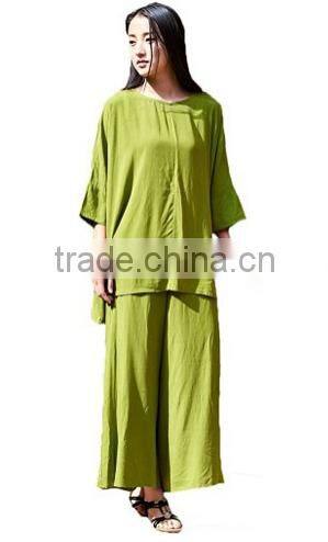 Women's Solid Loose Cotton Linen 2 Pcs Dolman Blouse Wide leg Pants Suits