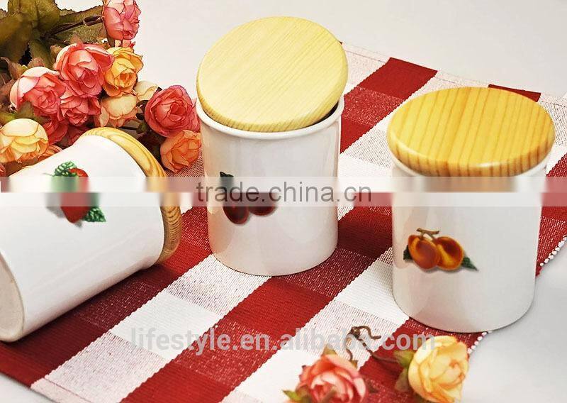 3 Sets Ceramic Canister With Wooden Lid,Stoneware with Decal