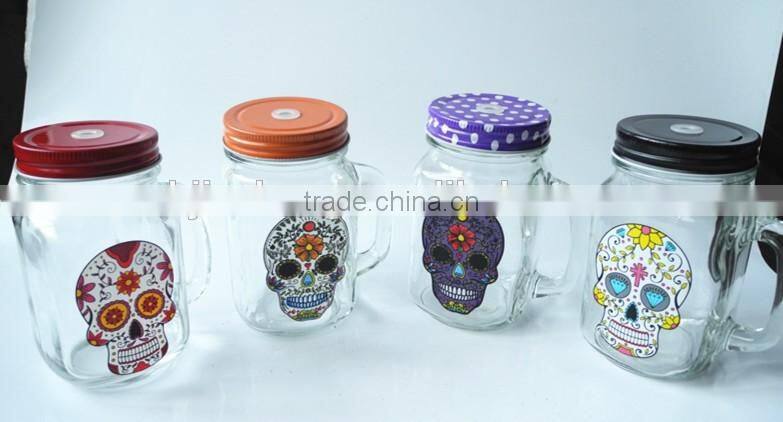 halloween style cold water drinking glass jar with customised decal and straw