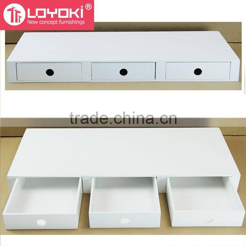 New design MDF wood organizer wall decoration Floating Wall Mounted Multipurpose floating Shelf with 3 Drawers