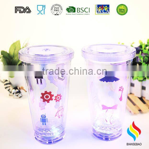 16OZ LED light double Wall BPA free plastic tumbler with straw