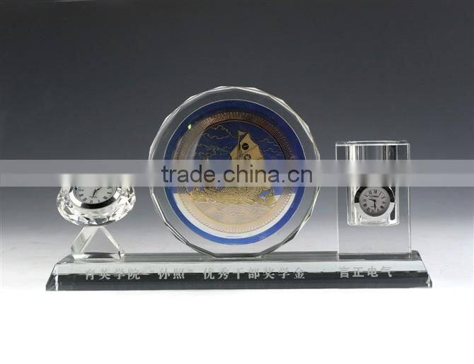 JINGYAGE K9 Custom Logo Office Table Set Crystal Yellow&Blue Sailing Crystal Pen Holder Set With Clock