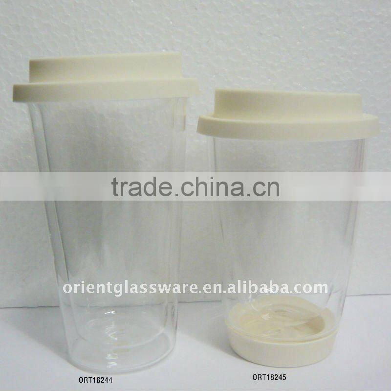 High quality clear double wall glass thermos cup with lid with hand