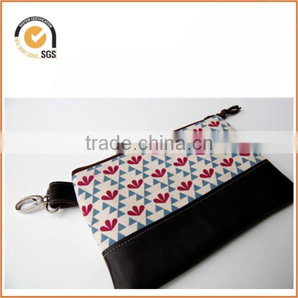 Triangles and Flower Print Print Cotton Canvas Mini Wallet / Zipper Pouch / Repurposed Leather By Chiqun Dongguan CQ-H02015