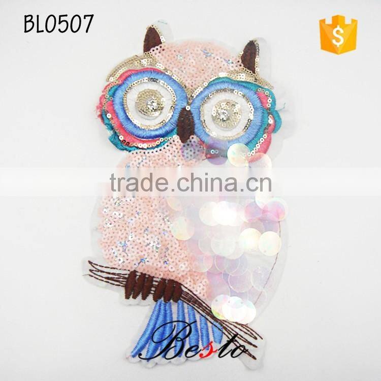 Factory custom large bird owl sequin applique for girl clothing
