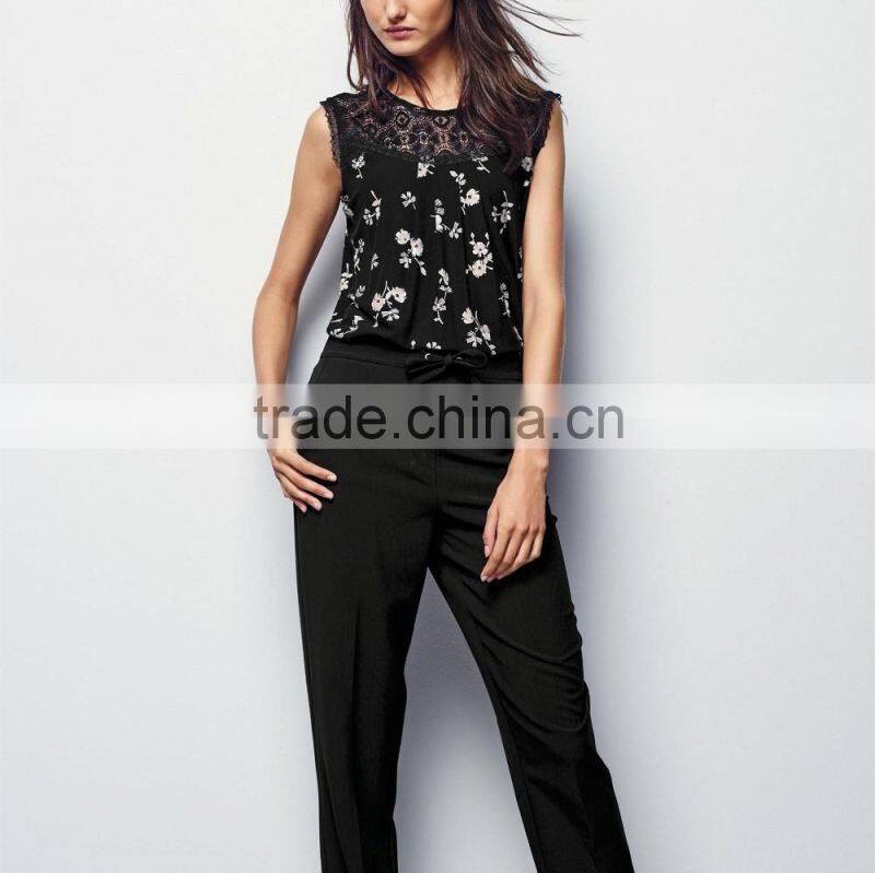 2016 Fashion Jersey Sleeveless Top With Beautiful Lace Yoke HST8033