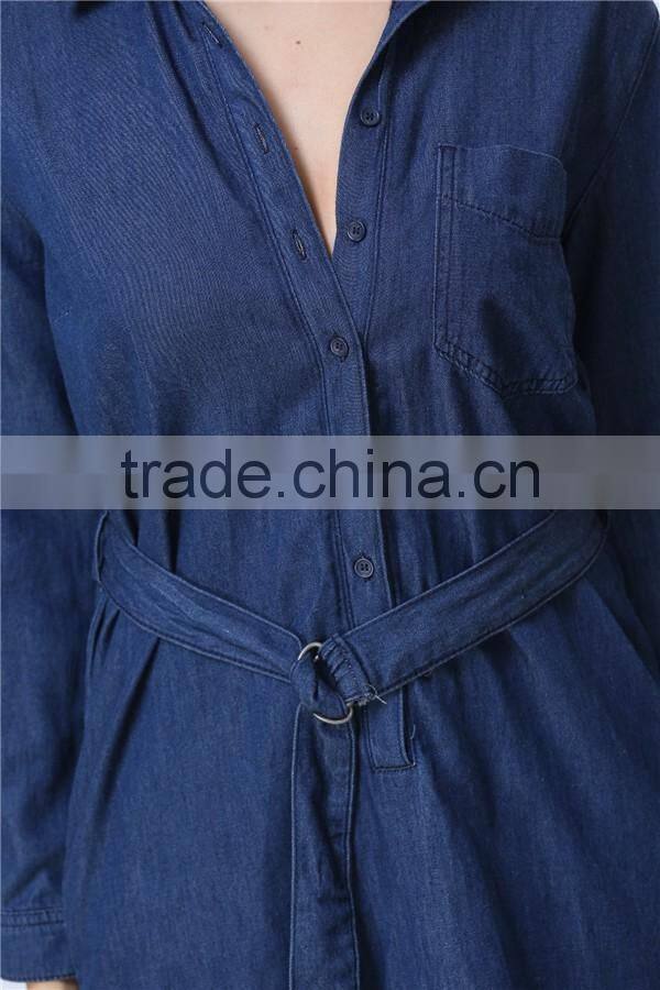 Fashionable Hot Sale Factory Price Long Sleeve With Waist Belt Women Denim Dress