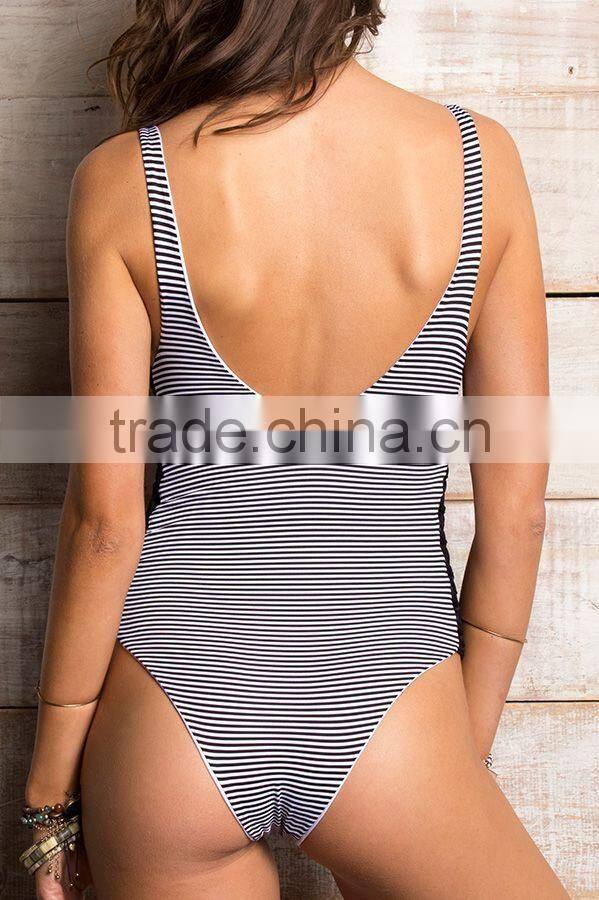 ladies black and white stripe and side braid one-piece swimwear