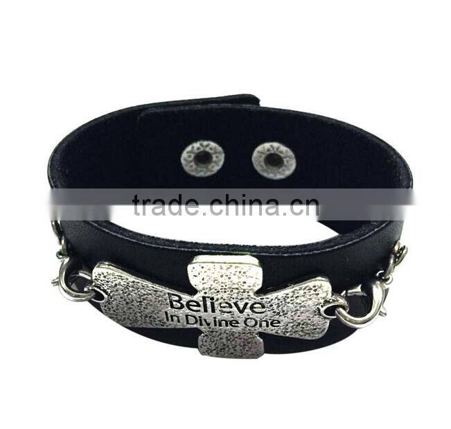 Brown/black color adjustable bracelets,inspirational words metal charm cuff bracelets,wide leather bracelet