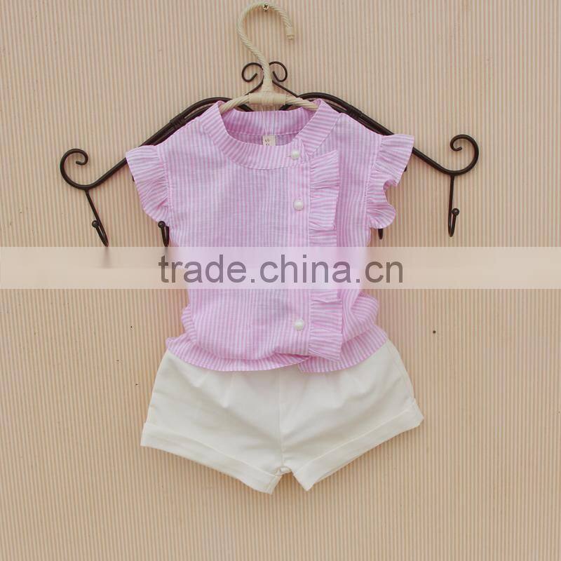 Child Girl Boutique Outfits Pearl Buttons Flutter Shirt With White Shorts Factory Direct Sale