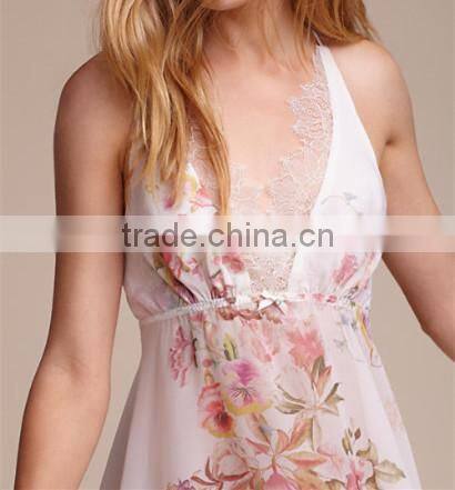 Customized hot sale female spaghetti strap Silk and satin printing nightdress fashion night dress 2018017