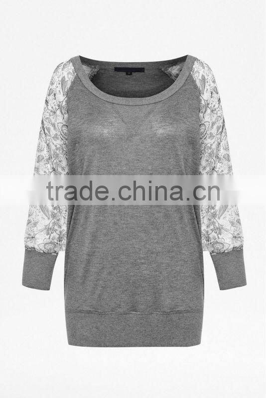100% Cotton Sweatshirt with Printed Chiffon Sleeve