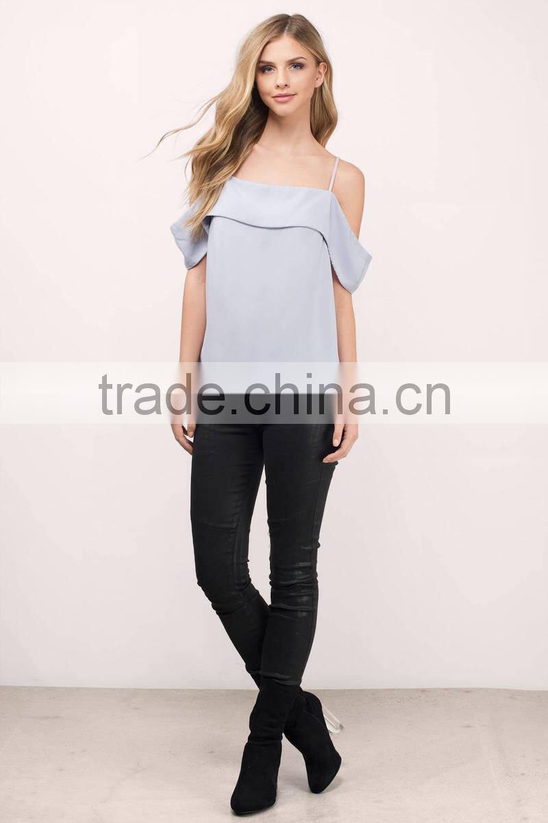 2017 Fashion lady clothing Lastest summer grey cold shoulder blouse
