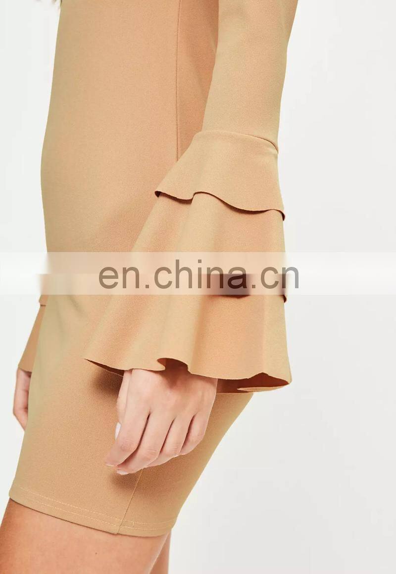 Nude Plunge Frill Sleeve Bodycon Dress in Mini Length 2017