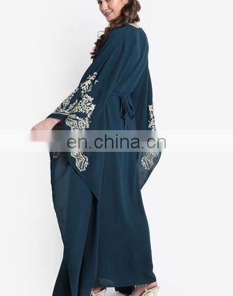 Women V-Neck Blue Abaya Muslim Dress With Embroidery