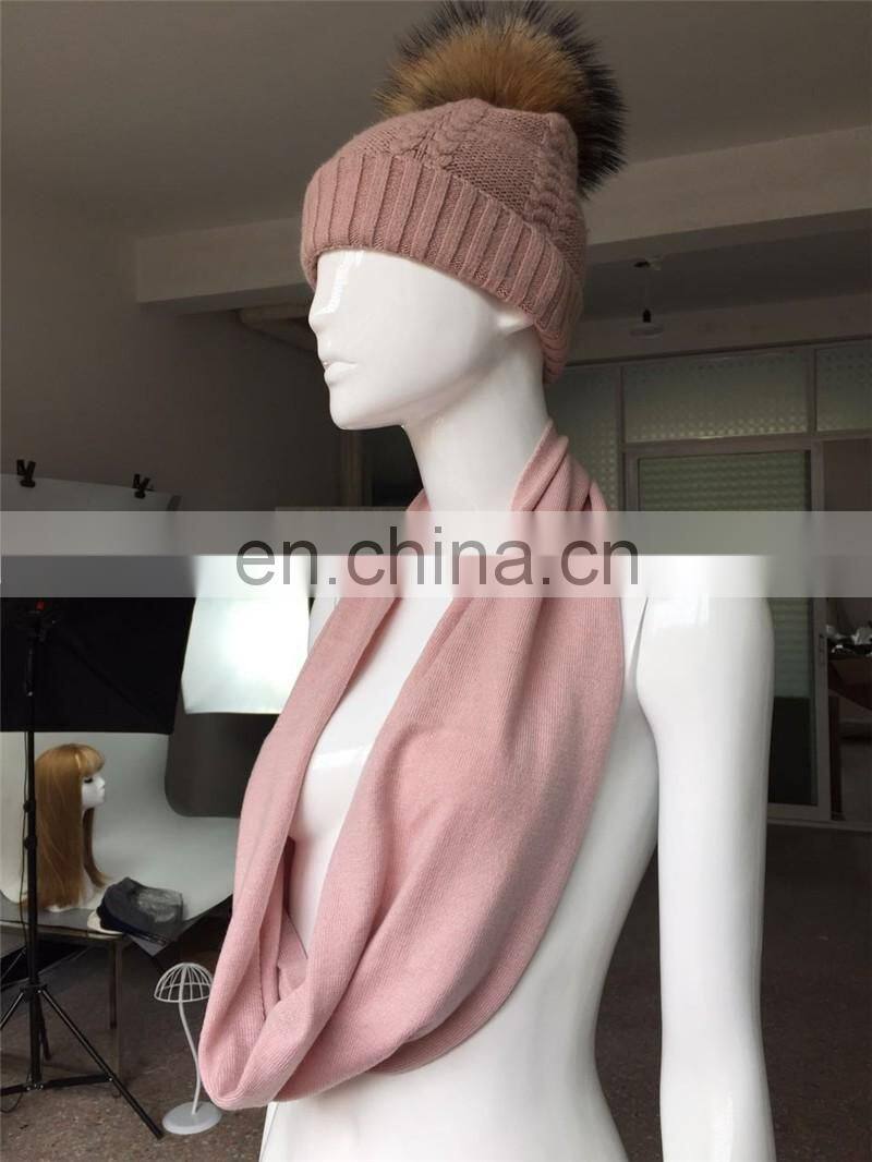 Wholesale Knitted Wool Cashmere Scarves Raccoon Fur Pom Hat Scarf Combination
