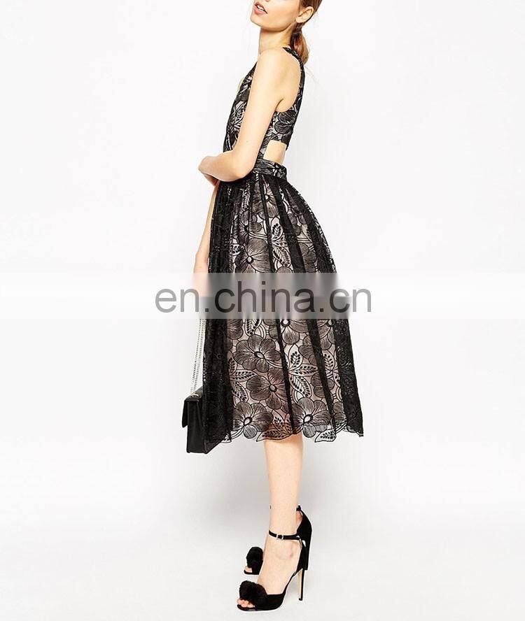 2016 Latest Style Organza Cut-out Back V-neckline Fashion Floral Lace Midi Prom Dress