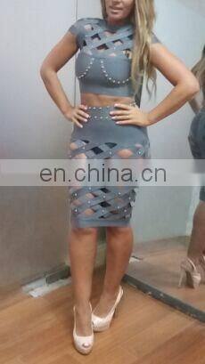 Amigo 2017 two pieces beaded bandage dress suit gray sexy cut out evening dresses with cap sleeve top and midi skirt for ladies
