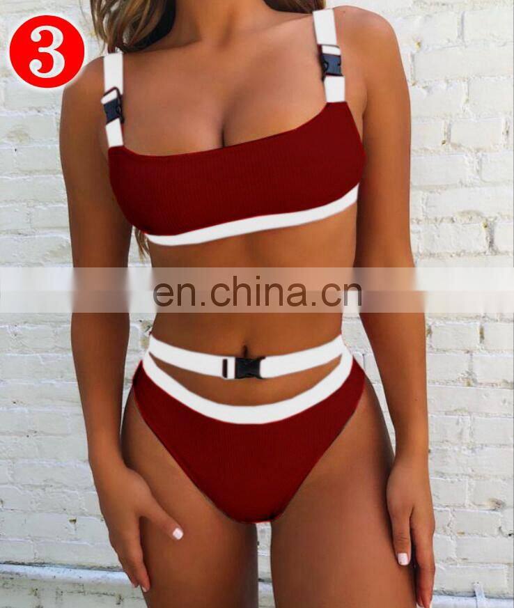 RST new fashion style ribbed high waist bikini custom logo bikinis 2020 women swimwear beachwear buckle swimwear