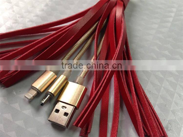 New Arrival Alibaba Leather Nylon Braided 2 in 1 Usb Cable For Iphone 5
