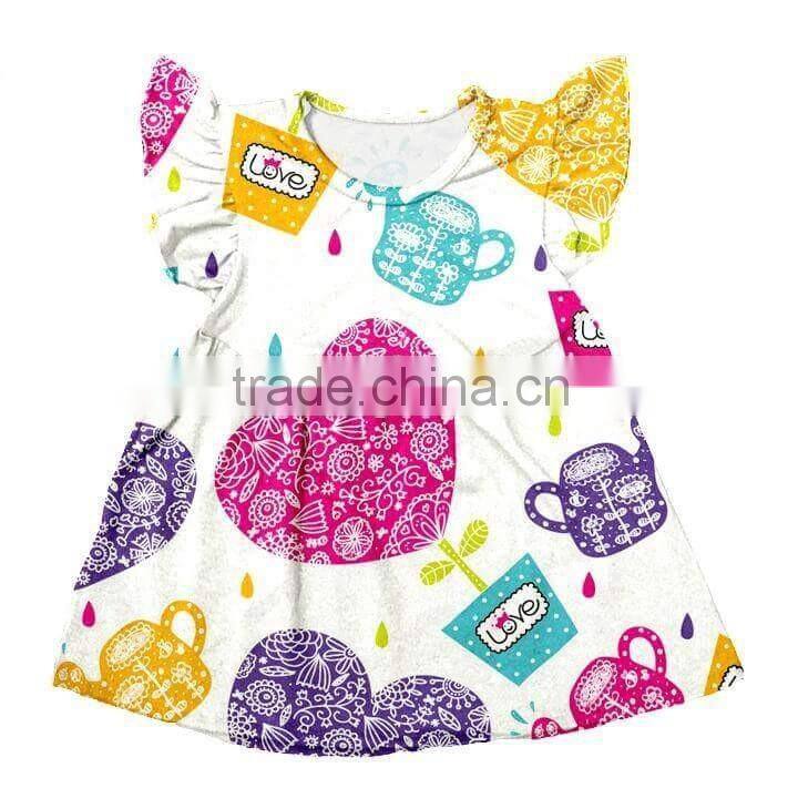 Latest style frozen elsa print girls summer dresses flutter sleeve dress for baby girl childrens boutique clothing dress