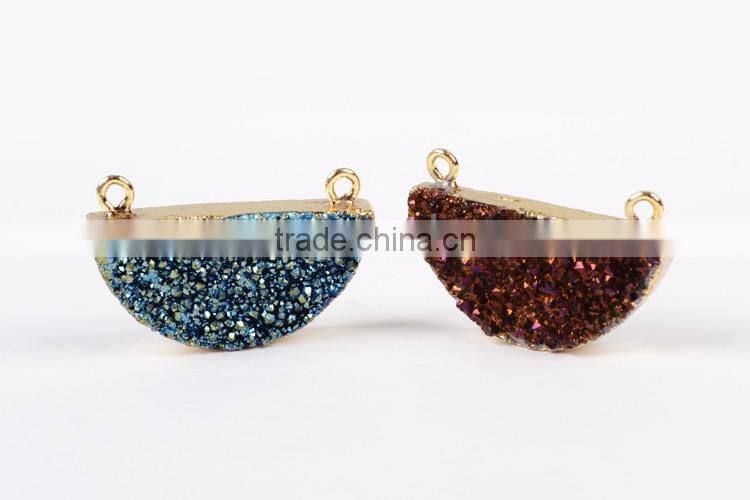 Titanium druzy half moon connector-rainbow, blue, opal white, silbver, coffee, green