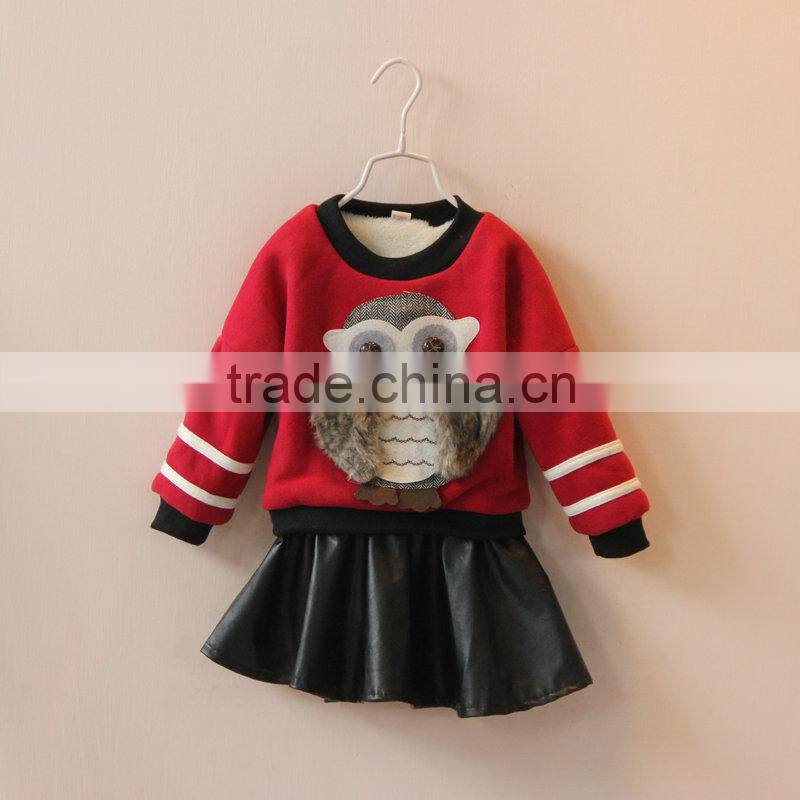 cute owl pics girls set long sleeve t shirt with black leather skirt red black 2 colors fashion children set