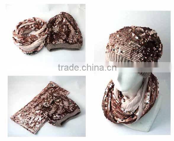 Fashionable winter set with sequin warm scarf and hat