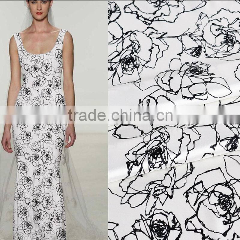 printed black white floral spandex silk fabric