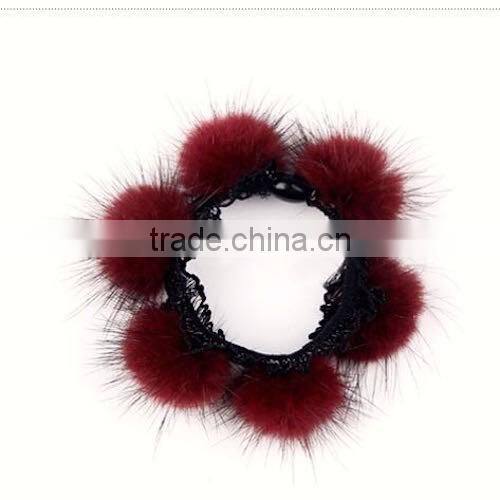 Real Natural Mink Fur Elastic Hair Band for Fashion Girls from Korean Style with Lace