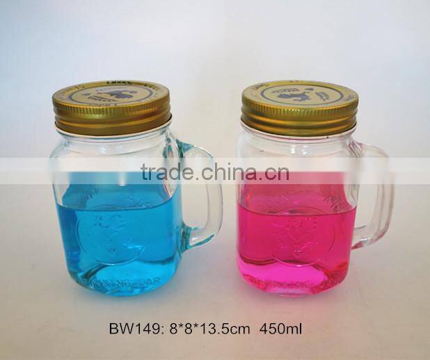 2014 new design mason jar glass jam jar with handle