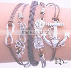Fashion Vintage Anchor Infinity Cross Owl Love Leather Bracelet