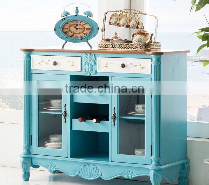 Mediterranean style solid wood hand painting dining room blue two doors sideboard; side cabinet