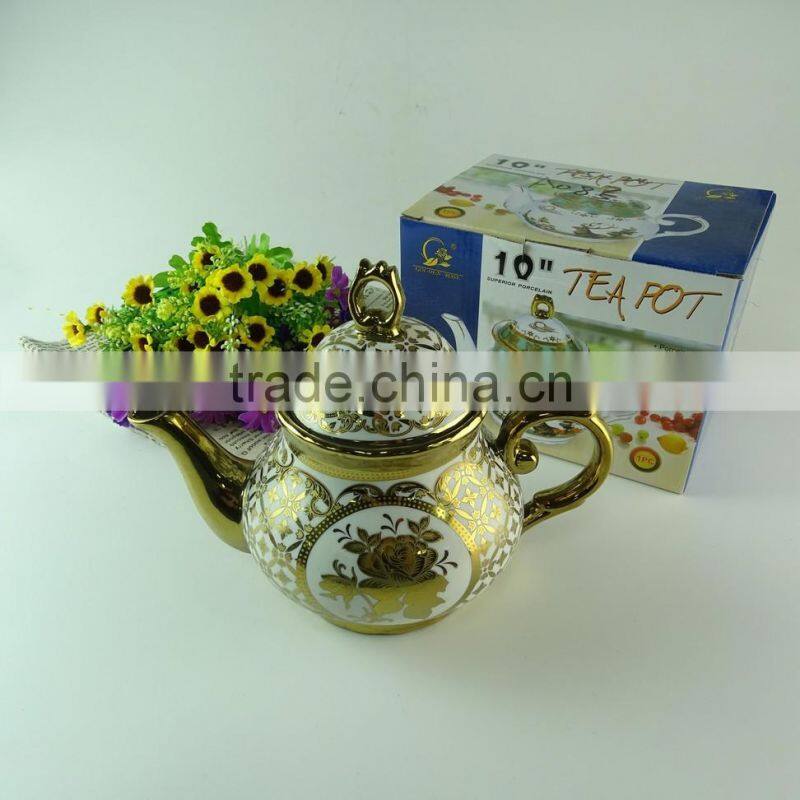 Unique shape Porcelain teapot coffee pot with decal and gold line in stock
