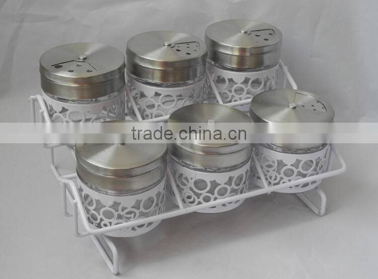 6pcs white glass cruet set for salt pepper with hole lid and stand