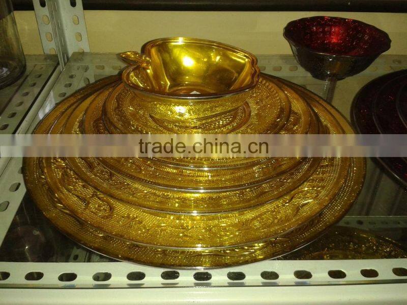 gold color glass plate set with apple bowl