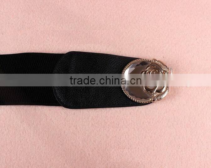 Wholesale stone inlaid flower pattern buckle sex women lady wide PU waist belt