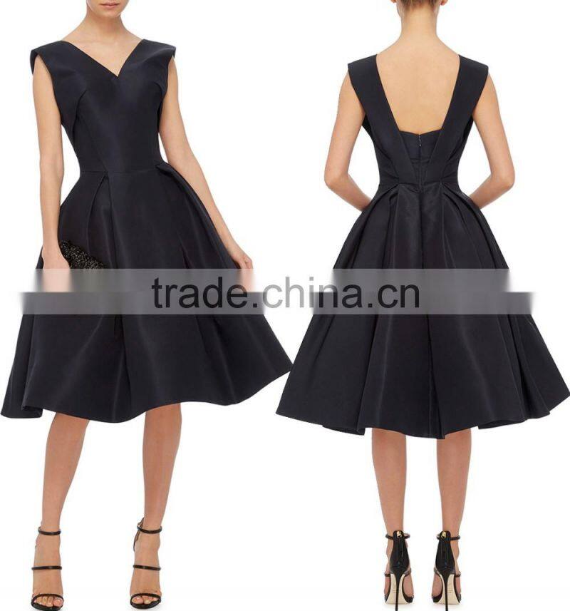 Elegant V-neckline Silk Faille Fabric Cocktail Dress Pleated Flounced Skirt Vintage Dress Evening Party Gown 2016 HSD5744