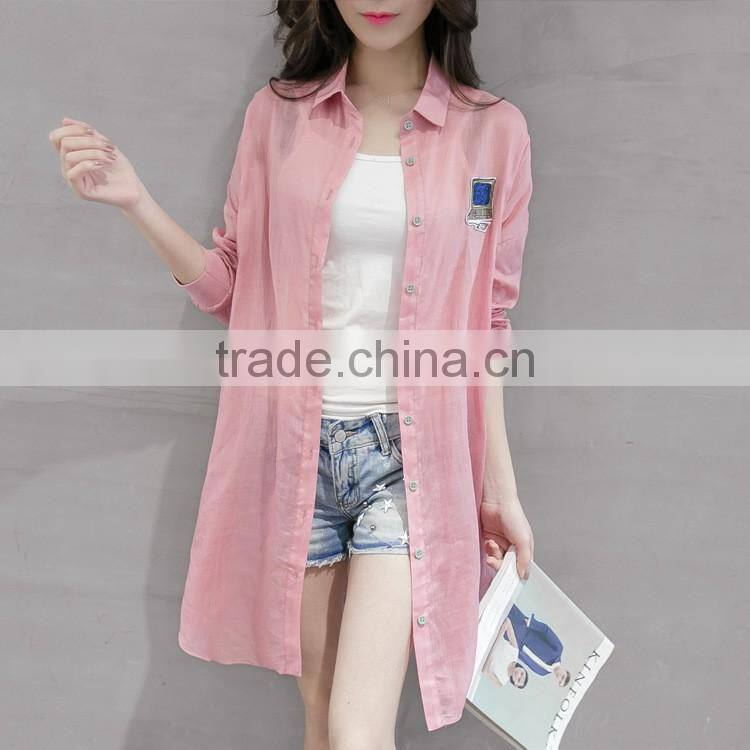 Oversized ladies sheer cotton designer shirts fashion side slits ladies long shirts