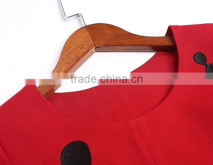 New fashion pocket three-quarter sleeve red color roma fabric embroidery beautiful lady one-piece dress