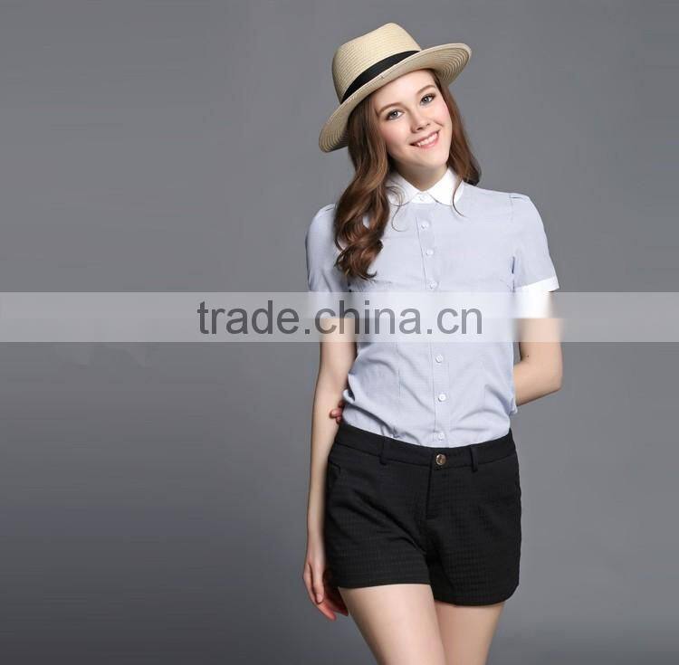 Ladies Fashion Short Sleeve Shirt Contrast Collar And Cuff Shirt