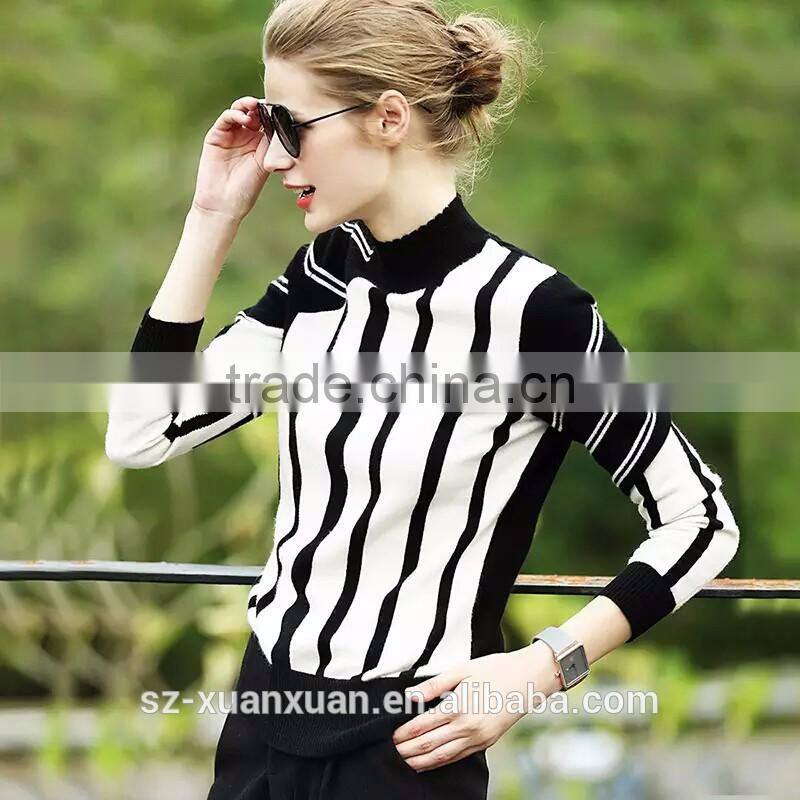 Latest design black and white stripe turtleneck sweater for women