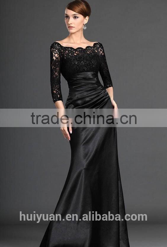 elegant satin evening long black lace prom dress