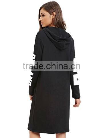 print Letters Sleeves 3/4 Zipper Front Black Long Hoodie thin hoodie women's