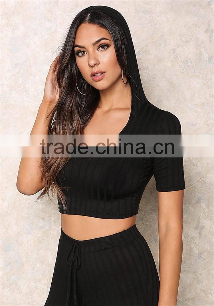 MGOO High Quality Black Ribbed Hood Tops Sleeveless Cropped Tops And Legging For Running Tracksuits Plain Basic