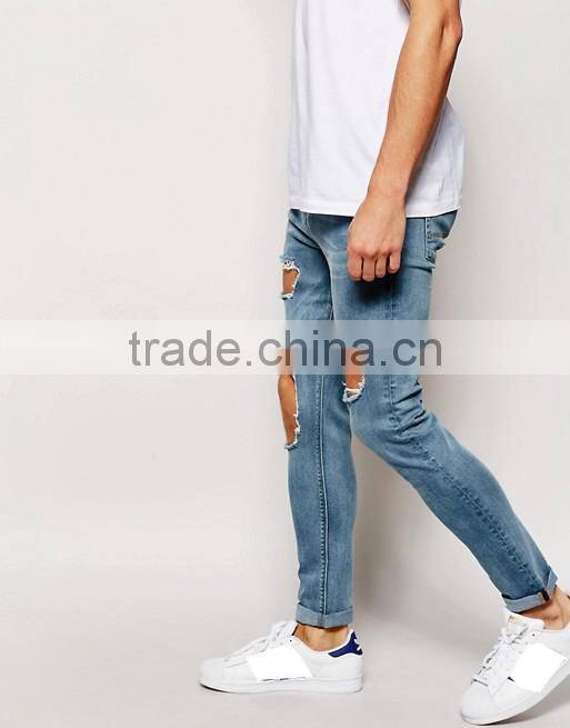Slim Fit Straight Cut Knee Ripped Acid Wash Jeans Trousers for Men